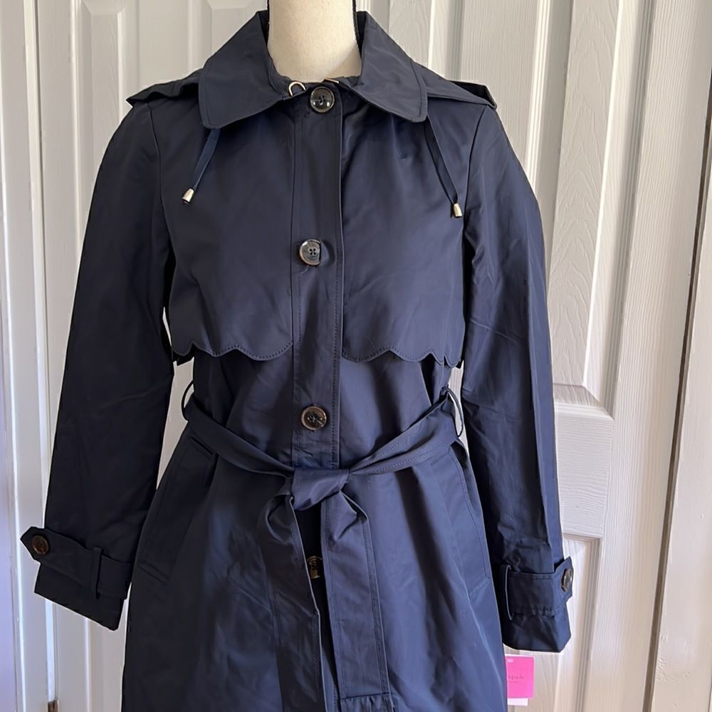 Kate Spade Scalloped Hooded Trench Coat Navy Blue Size S - Picture 7 of 16
